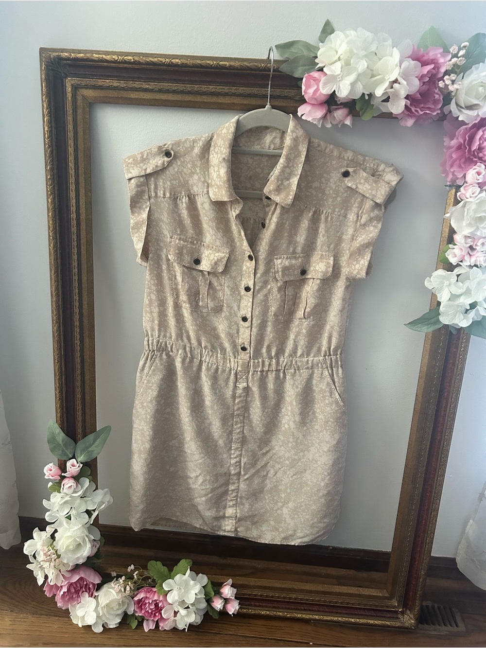 Silk Button-Front Beige Short-Sleeve lined Utility Shirt Dress